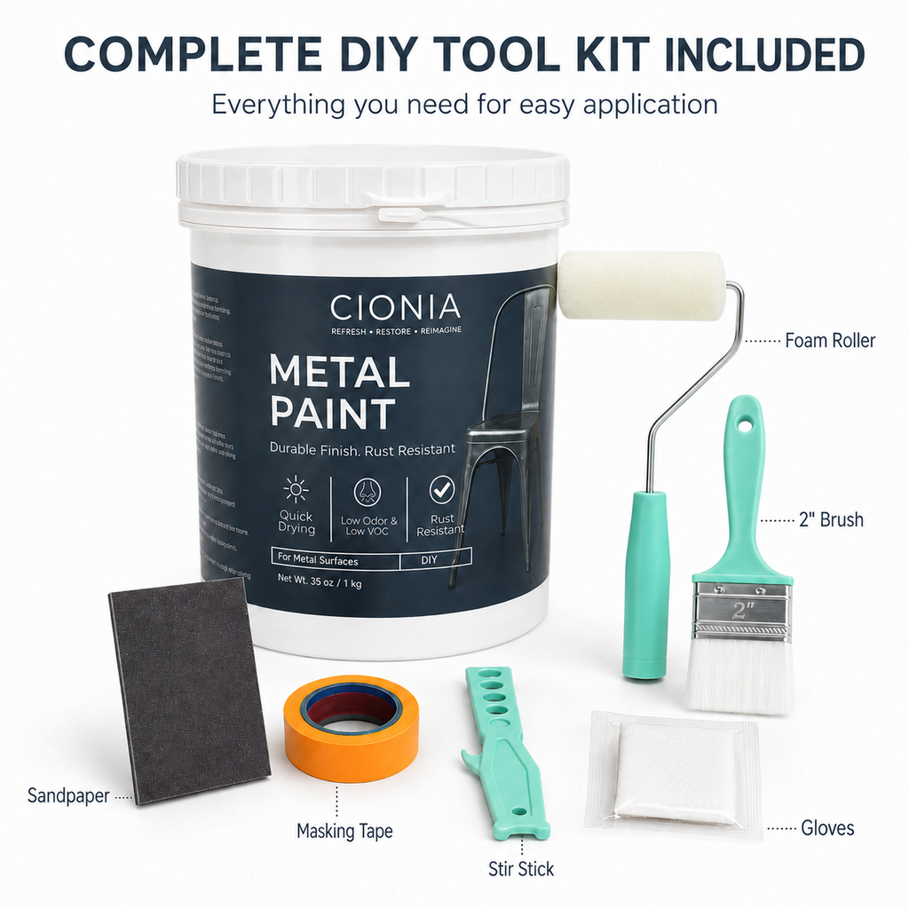 CIONIA Metal Paint Kit, 35 oz Black Metal Paint for Railings, Gates, Fences, Trailers & Tool Boxes, Rust Resistant Semi-Matte Finish, Low Odor DIY Paint with Roller & Brush