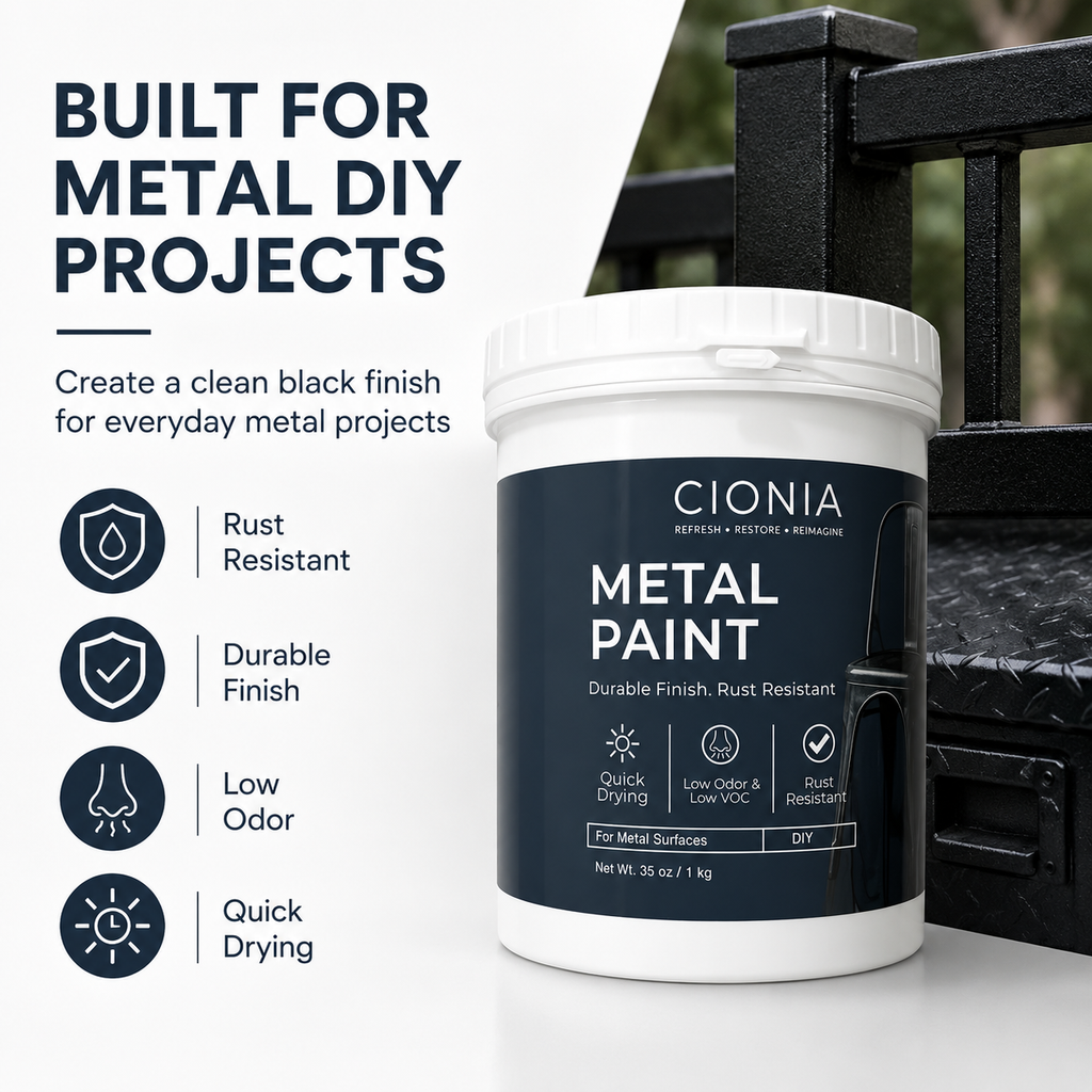 CIONIA Metal Paint Kit, 35 oz Black Metal Paint for Railings, Gates, Fences, Trailers & Tool Boxes, Rust Resistant Semi-Matte Finish, Low Odor DIY Paint with Roller & Brush