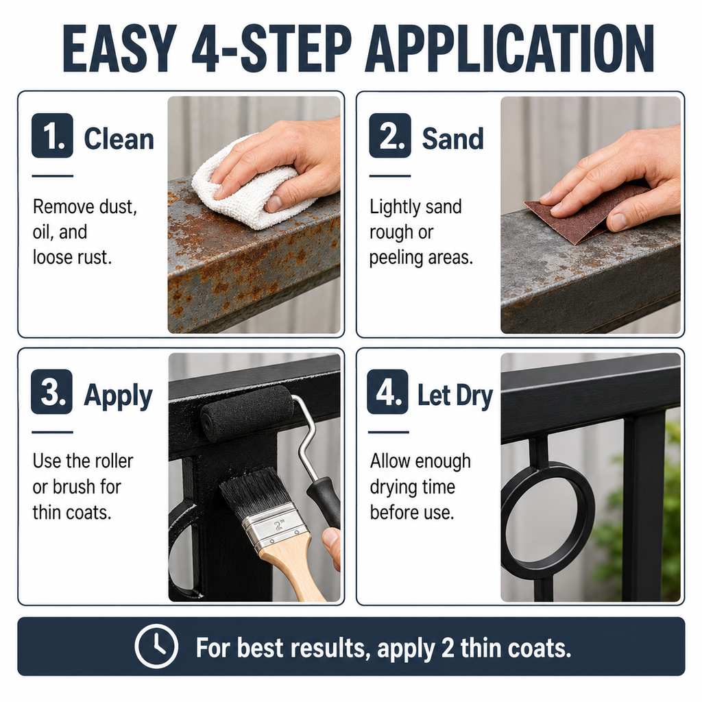 CIONIA Metal Paint Kit, 35 oz Black Metal Paint for Railings, Gates, Fences, Trailers & Tool Boxes, Rust Resistant Semi-Matte Finish, Low Odor DIY Paint with Roller & Brush