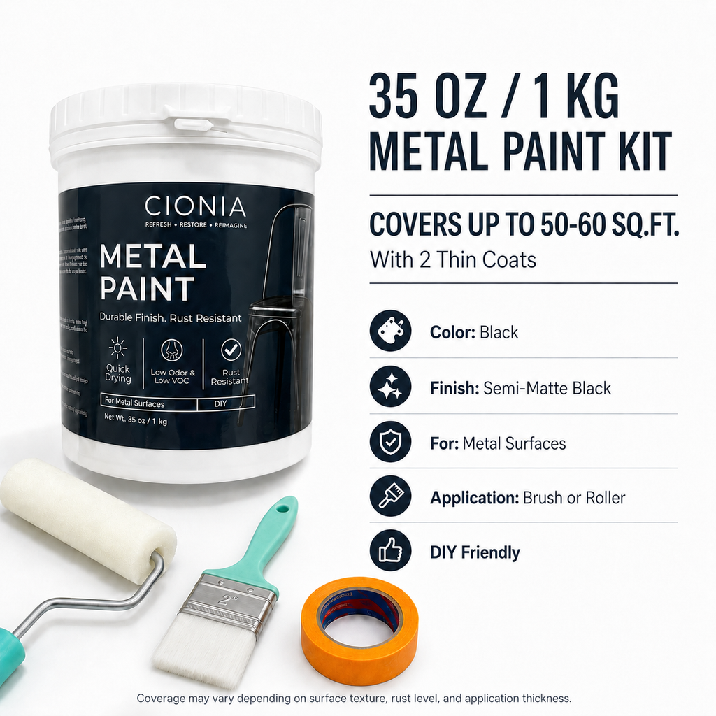 CIONIA Metal Paint Kit, 35 oz Black Metal Paint for Railings, Gates, Fences, Trailers & Tool Boxes, Rust Resistant Semi-Matte Finish, Low Odor DIY Paint with Roller & Brush